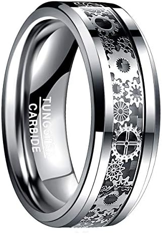Natur Fashion - Tungsten Ring Mens Womens Silver with Mechanic Gear Sheets & Black Carbon Fibers 8MM Wedding Bands for Fashion Engagement with Ring Box