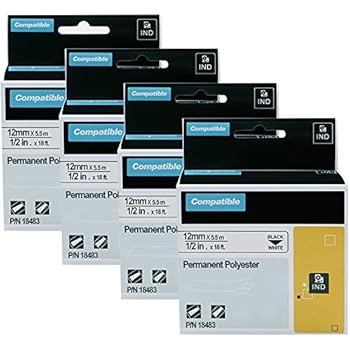 4-Pack Compatible Industrial Label Tapes Replacement for DYMO 18483 Permanent Polyester Label Tapes for DYMO Rhino 4200, 5200, 5000, 6000, 6500 Industrial Label Maker, Black on White, 1/2