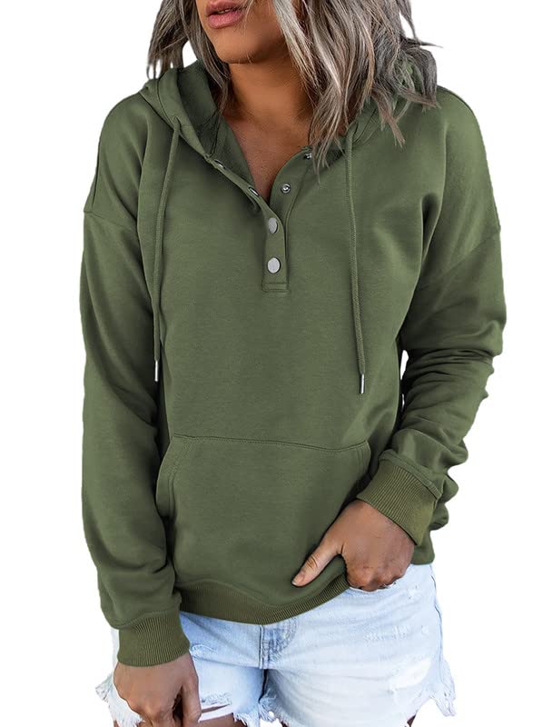 Photo 1 of Dokotoo Womens Plus Size Drawstring Hoodies Winter Fall Tops Long Sleeve Sweatshirt for Women Button Collar Kangaroo Pocket Hooded Pullovers Basic Comfy Simple Plain Casual Ladies Shirts Green XXL