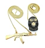 Gold Tone Iced Out Goon Ski Mask Man, Machine Gun Pendant 24