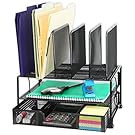 SimpleHouseware Mesh Desk Organizer with Sliding Drawer, Double Tray and 5 Upright Sections, Black