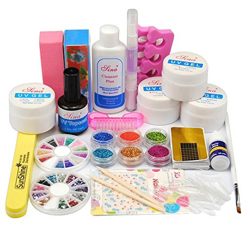 ReNext Nail Art Comb Set UV Gel Kit UV Brush Buffer Guides Toe Seperator Glitter Powder Dryer Liquid Tools Nail Tips Glue DIY Kit #168 (G)