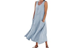RDEGOOCHA Women 2024 Summer Tank Dress Sleeveless U Neck Printed/Solid Boho Beach Shirt Maxi Flowy Linen Cotton Dresses with Pocket