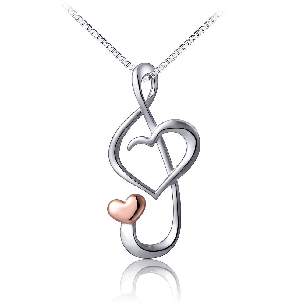Flyow Musical Note Heart Pendant Necklace for Women Girls S925 Sterling Silver, Sturdy Box Chain 18 inches with Gift Box