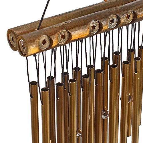Ylyycc double row 20pieces metal tube wind chime wooden top coin decoration wind chime - Thumbnail 2