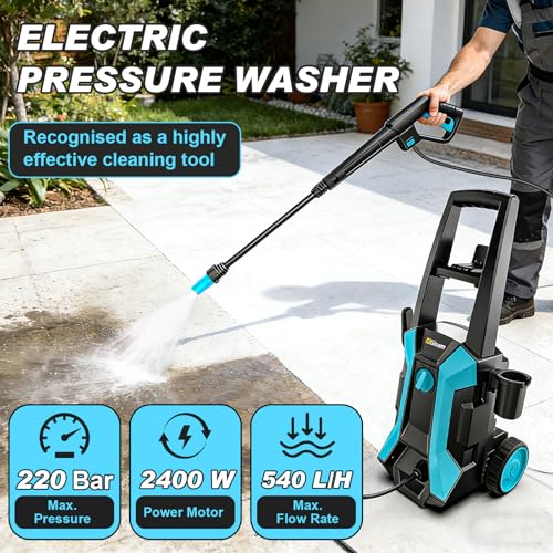 Pressure Washer, 2400W 220Bar 540L/H Electric Pressure Washers with Hose Reel & 8m Hose, Soap Bottle, Foam Nozzle & High Pressure Spray Gun for Cleaning Cars, Fences, Patios, Gardens & Driveways