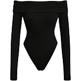 MakeMeChic Women's Casual Off Shoulder Ribbed Knit Long Sleeve Bodysuit Tee Shirts Leotard Tops