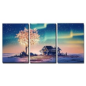 3 Piece Canvas Wall Art - Illustration - Abandoned House and Fantasy Tree Lights Under Northern Lights - Modern Home Art Stretched and Framed Ready to Hang - 16"x24"x3 Panels
