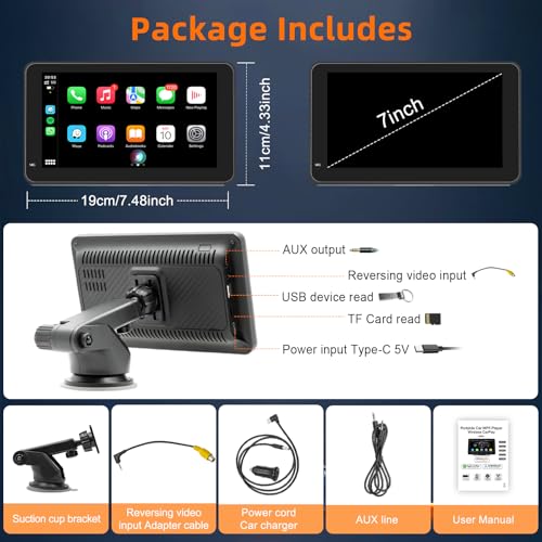 7" Wireless CarPlay Screen for Car, Wireless Carplay Touchscreen for Apple Car Play and Android Auto, Portable Car Stereo with Mirror Link, AUX, Voice Control, GPS Navigation, AirPlay