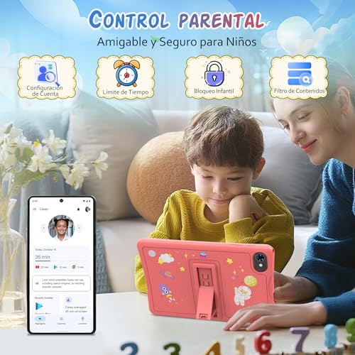 TABWEE K10 Kids Tablet 10 Inch, Android 15 Kids Tablet, 12GB RAM (4+8) 64GB ROM (TF 2TB), Wi-Fi, Parental Control, Children's Educational Tablet with Pink Case