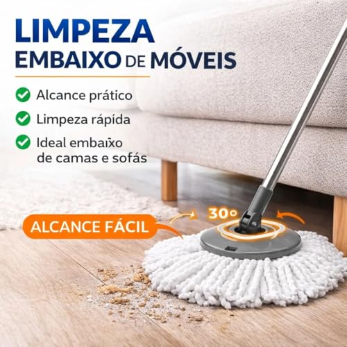 Mop com Balde Giratório 9 Litros, Cesto Inox, com Esfregão, Sistema de Limpeza 360°, Lava e Seca, Cabo Extensível, Cesto de Aço Inoxidável, Cinza - premium