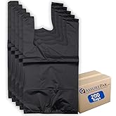 ASSUREPAK Black Unprinted HDPE T-Shirt Bags - 1/8 BBL 10"X5"X18" - 200 Bags - 30 microns - Perfect for Grocery Shopping and Store Purchases