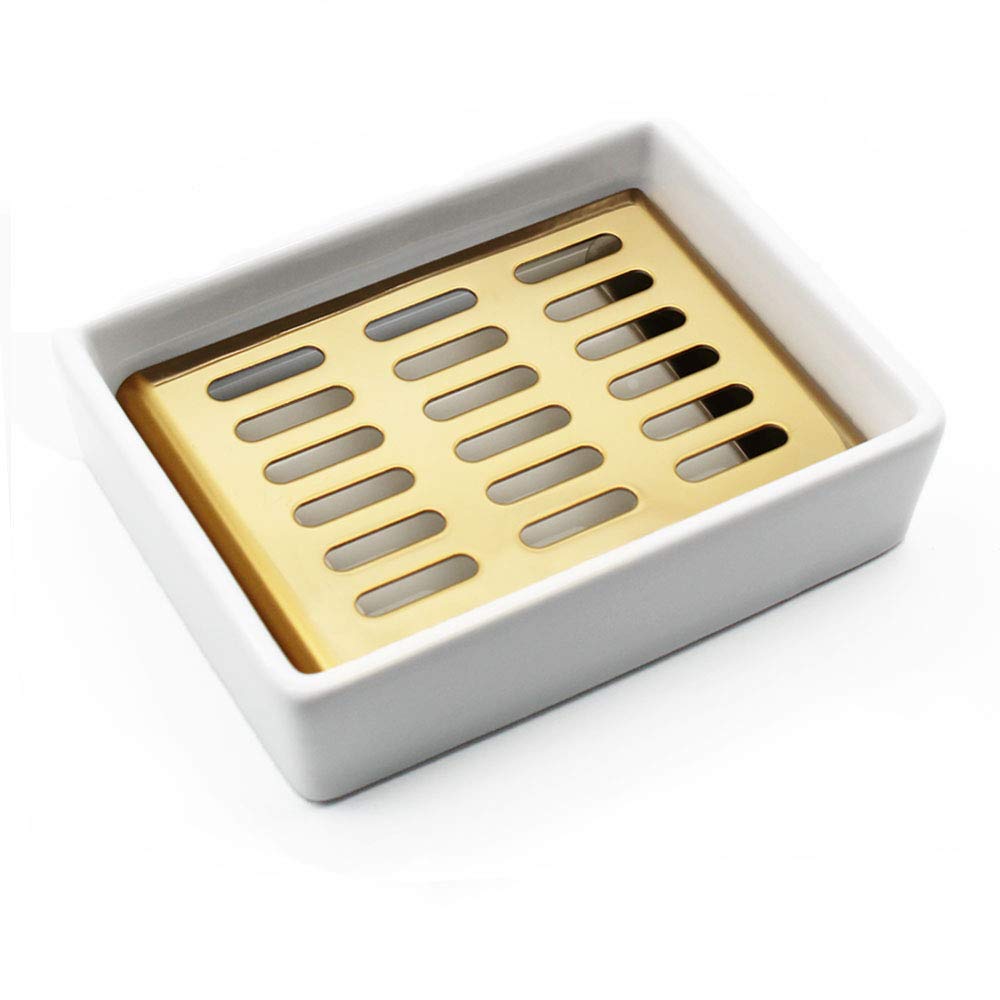 YOCZOX Soap Dish Holder Stainless Steel Soap Holder with Ceramic Seat Silicone Anti-Slip Pads Nordic Style Soap Tray for Bathroom Shower Kitchen Organized, Double Layer Draining, Gold+White