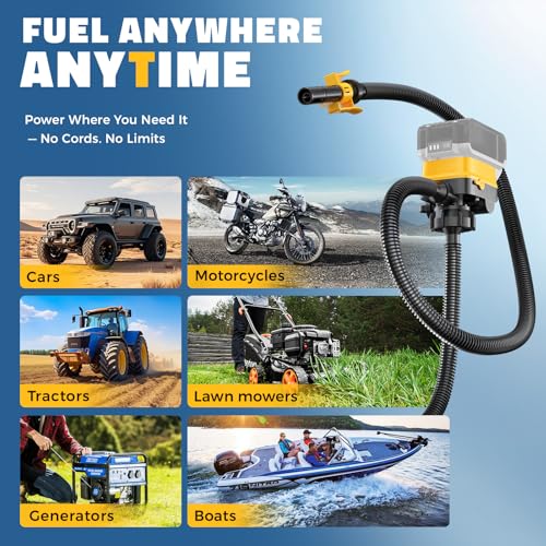 DIYtoolifz Cordless Fuel Transfer Pump with Auto-Stop, 3.2 GPM Flow Portable Fuel Pump Compatible with DeWalt 20V & Milwaukee 18V Batteries, with 41'' Hose, 3 Adapters for Diesel, Gasoline (Bare Tool)