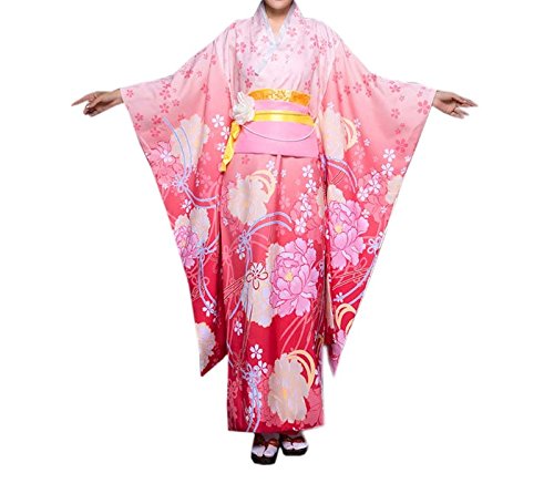 ACVIP Women Flower Printed Japanese Kimono Robe Dress
