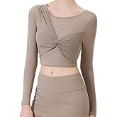 Harssidanzar Women's Backless Yoga Tops 2 in 1 Long Sleeve with Sports Bra for Gym Athletic CL313US