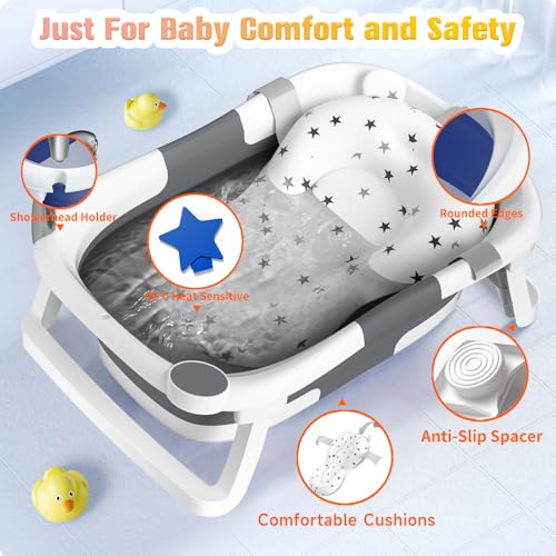 Rabb 1st Baby Bath Tub Foldable,Portable Bath Newborn to Toddler with Non-Slip Mat,Drain Hole,No Thermometer,Grey