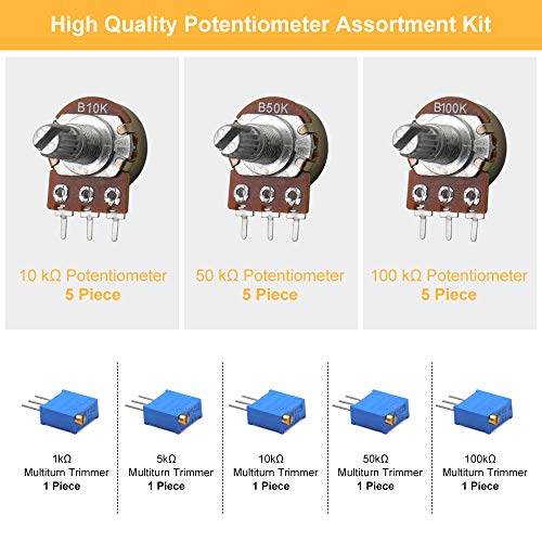 LeanKing 20 Piece Potentiometer Assortment Kit with 1Kohm -100Kohm Multiturn Trimmer, 1Kohm -1Mohm Single Linear-HighPrecision Variable Resistor with Nuts and Washers6
