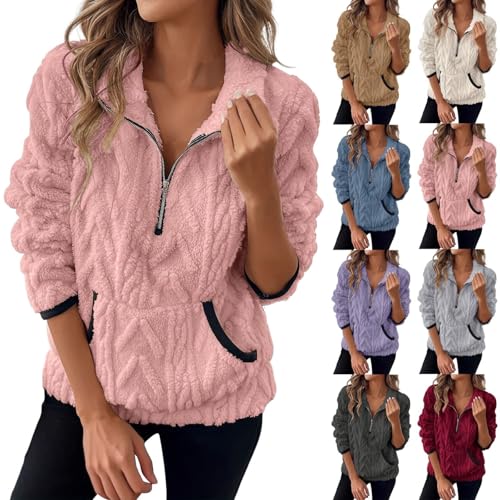 womens sweaters Women's Sherpa Fleece Jumpers Half Zip Plush Teddy Fleece Sweatshirts with Pockets Winter Cozy Oversized Pullover Tops Ladies Fashion Sweater Outwear (Pink-1, L)