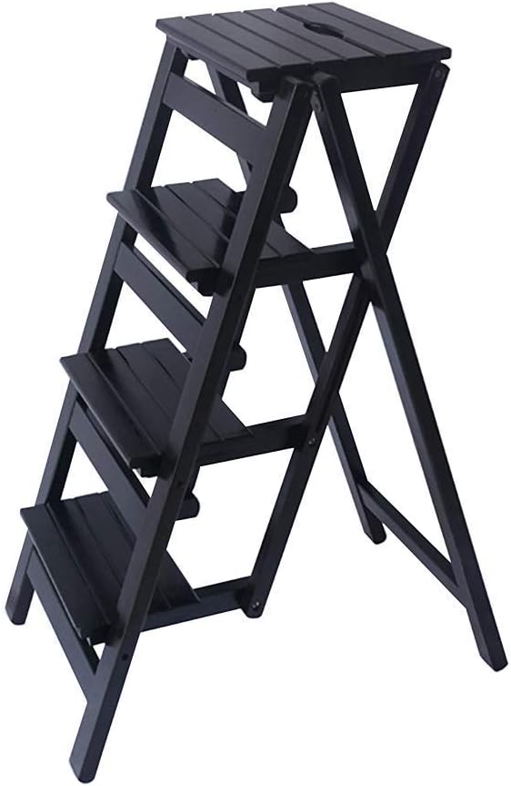 JYDSG Ladder Stools Pine Wood 4-Tier Library Folding Step Stool Chair Kitchen Office Multifunctional Flower Rack/Shoe Bench Load-bearing Max.150kg