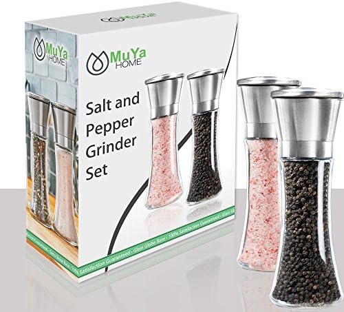 Premium Stainless Steel Salt and Pepper Grinder Set of 2- Brushed Stainless Steel Pepper Mill and Salt Mill, Glass Tall Body, 5 Grade Adjustable Ceramic Rotor- Salt and Pepper Shakers By MuYa Home