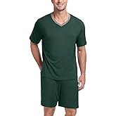 PrinStory Men's Pajama Set Sleepwear Pjs Lightweight Quick Dry Short Sleeve V-Neck Shirts and Shorts Soft Comfy Sleep Sets