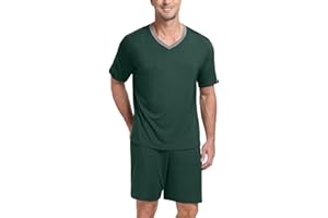PrinStory Men's Pajama Set Sleepwear Pjs Lightweight Quick Dry Short Sleeve V-Neck Shirts and Shorts Soft Comfy Sleep Sets