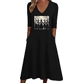 Women's Fall 3/4 Sleeve Halloween Shirt Dress Casual Autumn Pumpkin Genie Witch Thanksgiving Day V Neck Sundress Skirt