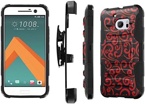 HTC 10 Case, [NakedShield] [Black/Black] Heavy Duty Holster Armor Tough Case + [Screen Protector] - [Red Swirl] for HTC One M10 / HTC 10