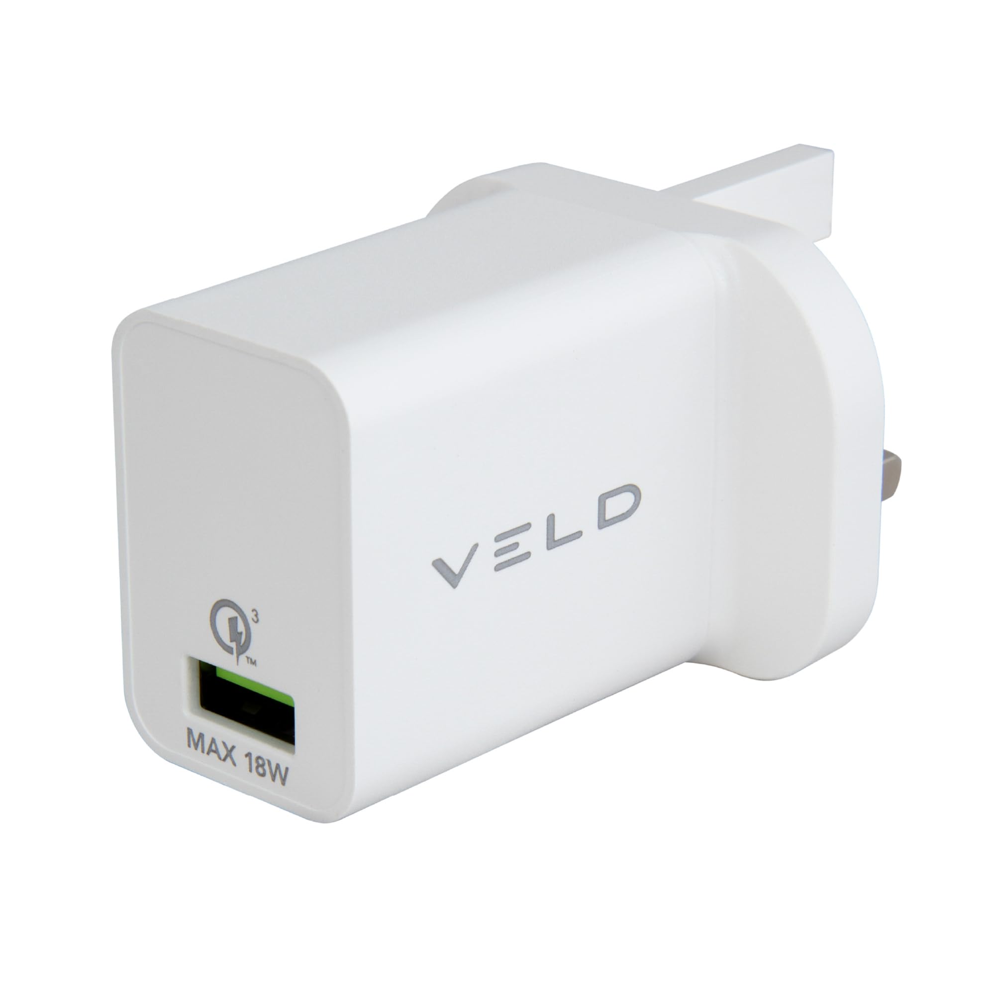 VELD 18W Super Fast USB Wall Charger, UK Mains Plug, QC 3.0, Compatible With Samsung Galaxy S10/S9/S8/S7/S20, iPhone 12/11/11 pro/Xs/XR/X/8/7/6/6S, Huawei, AirPods, Tablets, Qi Pads + other devices