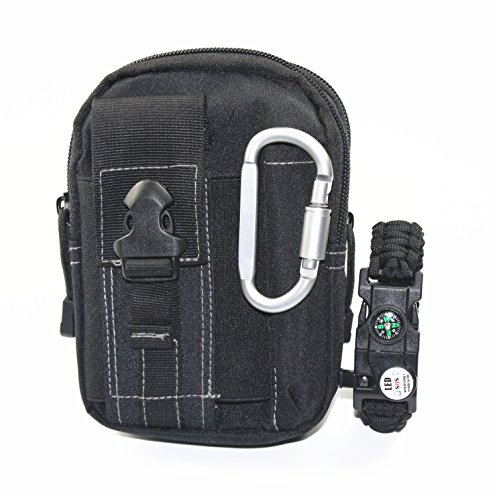 3 in 1 Survival Gear Kit-Tactical MOLLE Pouch EDC Utility Gadget Belt Waist Bag Tool Organizer with Cell Phone Holster,20 in 1 Survival Paracord Bracelet,Locking Carabiner Clip