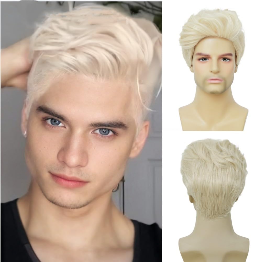 Siudus Mens Blonde Short Wigs Natural Layered Synthetic Fluffy Hair Wig Heat Resistant Daily Wig for Male Guy — image 1