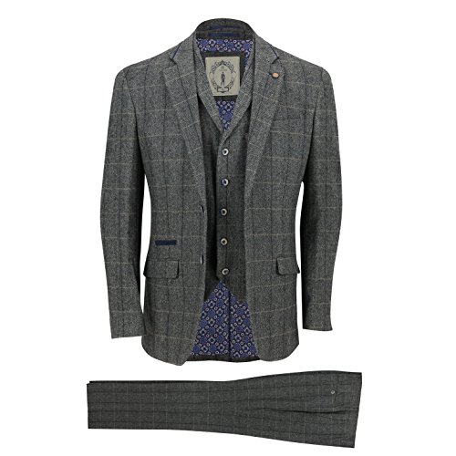Mens 3 Piece Tweed Suit Vintage Herringbone Grey Check Retro Slim Fit Jacket, Waistcoat, Trousers