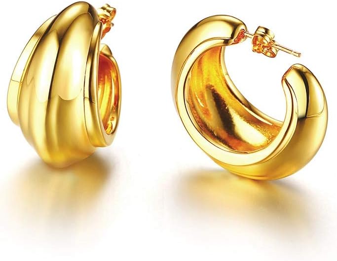 NewZenroWide Flat 14K Gold Plated Chunky Fashion Small Hoop Earrings for Women Girls 925 Sterling Silver Post Stud Hypoallergenic Dainty Thick Huggie Hoops Jewelry Gifts for Birthday Bff Mom Xmas 2019