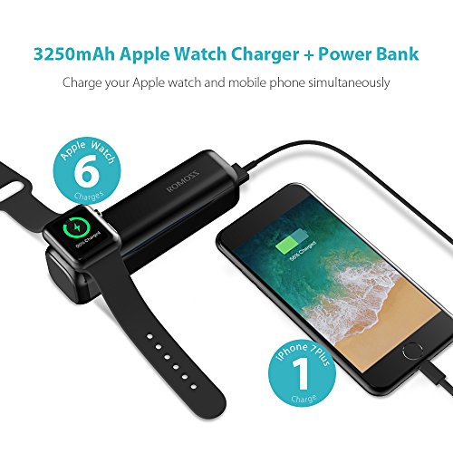 ROMOSS Apple Watch Charger, 3250mAh Portable Charger for All Apple Watch Series, Dual Port 2A Output for iPhone X/8 Plus/8/7Plus/7/6 Plus/6S and more USB devices-Black (Apple Watch Cable Not Included)