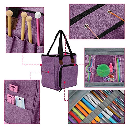 gotor Yarn Storage Tote, Knitting Tote Bag, Crochet Storage Organizer for Carrying Cotton Yarns, Knitting Needles, Crochet Hooks and Other Accessories, Purple