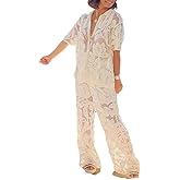 Vacation Outfits Button Down Lace Shirt with Wide Leg Pants Crochet Sets Two Piece Women Cover Up