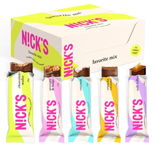 NICKS Schokolade Keto Riegel ohne Zuckerzusatz, Favoriten Mix box mit Schokoriegel Glutenfrei, Low carb Süßigkeiten ohne Palmöl (Probierpaket mit 12 Snacks bars) thumbnail 1