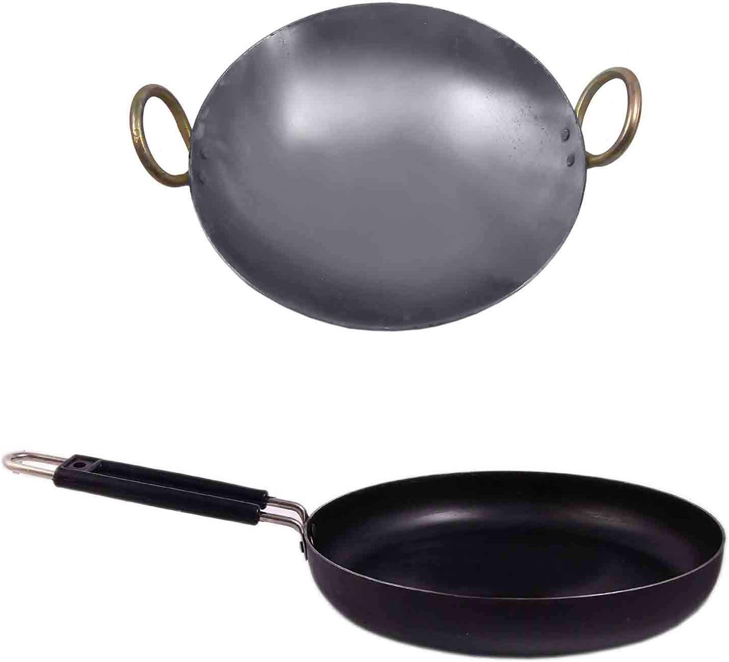 KITCHEN SHOPEE Traditional Iron Cookware Set Combo Kadai Cooking deep Kadhai Heavy Base Multipurpose Use With handle 10 in 2.5 L silver color 11 in Iron Fry pan 2.5 L Induction Friendly Black Color