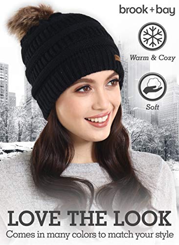Brook + Bay Faux Fur Pom Pom Beanie for Women - Warm & Cute Cable Knit Winter Hats - Thick, Chunky & Soft Stretch Knitted Caps for Cold Weather - Stylish & Trendy Snow Beanies for Ladies
