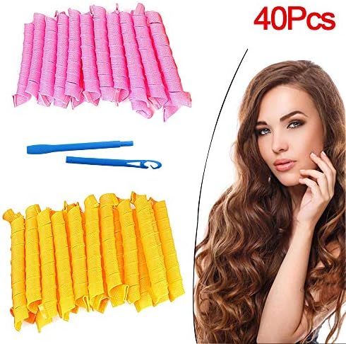 Curls Hair Styling kit, 40Pcs Hair Curlers Rollers no Heat, 55Cm Not Injury Hair Hair Curlers, Manual Magic Hair Rollers, Plastic Hair Crimpers(Pink&yellow)