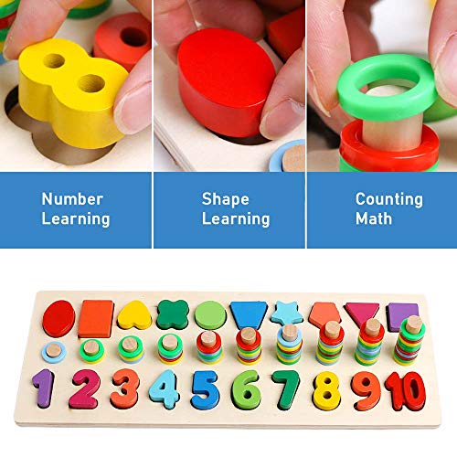 JCREN Wooden Blocks Puzzle Board Set for Tooddler Color Shape Sorting Number Counting Puzzle Blocks Math Stacking Early Development Toys Gift Montessori Toys for Preschool Kids