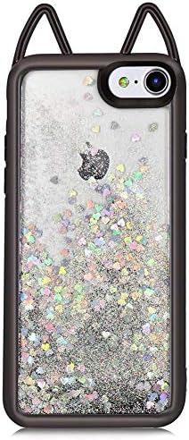 for iPhone 8 Case, for iPhone 7 Case, Yousorld 3D Sparkle Shiny Cat Ears Bling Glitter Soft Silicone Case with Liquid Love Heart Floating Soft Plating Transparent TPU Design (Black)