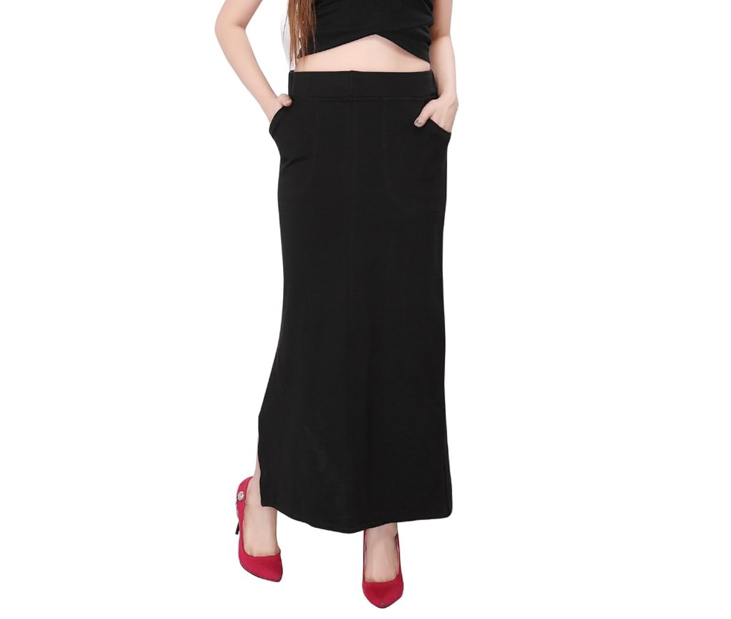 bfly women's cotton hosiery straight skirt -2 front pocket(black)