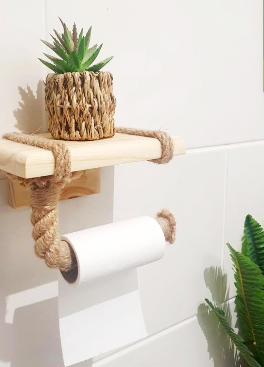 Toilet Roll Holder with Shelf - Wooden Shelf and Rope for Phone or Decoration