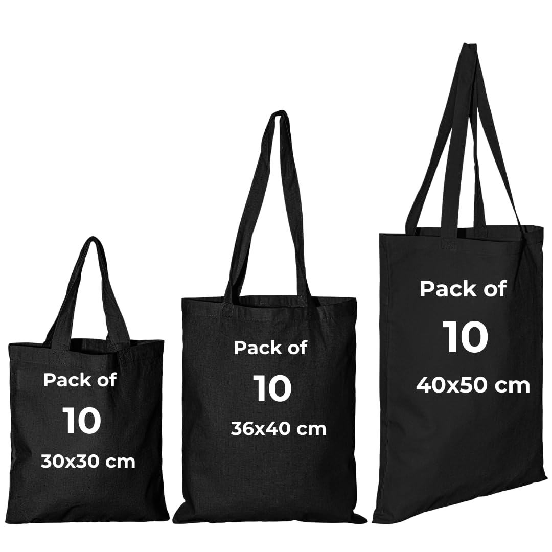 IMFAA Pack of 10 Premium-Quality Long Lasting 100% Cotton Canvas Tote Reusable Shopping Bags Ideal for Printing and Embroidery (Black,Large 50x40x60) — image 1
