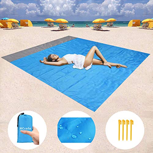 HCcolo Sand Free Beach Blanket, 59”x79” Waterproof Camping Tarp Beach Mat Lightweight Picnic Blanket, Sand Proof Beach Gear for Travel, Hiking, Sports – with 4 Stakes and Corner Pockets