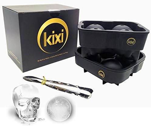 3D Skull Ice Mold Silicone Tray, Makes Four Giant Skulls, Large Flexible Round Ice Ball Spheres Molds Trays Makers with Ice Tong for Whiskey Cocktails Holiday Gifts - 2 Pack Black