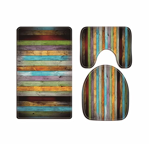 A.Monamour Multicolored Grunge Wood Planks Art Print Soft Flannel Cloth Washable Toilet Seat Covers Toilet Lid Covers Cushions Pads Skidproof Bath Mat Rug for Toilet Accessories