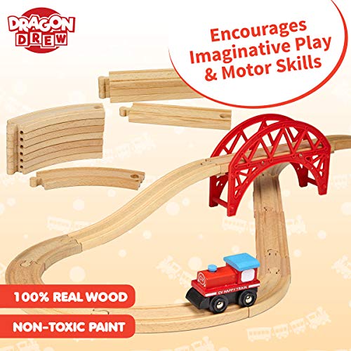 Dragon Drew 24 Piece Wooden Train Set - Compatible with Brio, Thomas, Chuggington and All Major Brands – Accessories and Expansion Kit Includes 22 Tracks, a Bridge and 1 Engine Car